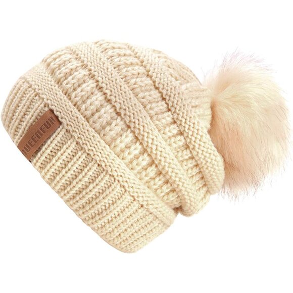 Women Dark GreyBeige2pack Acrylic Thick Baggy Knit Winter Faux Fur Pompom Beanie - Picture 3 of 7